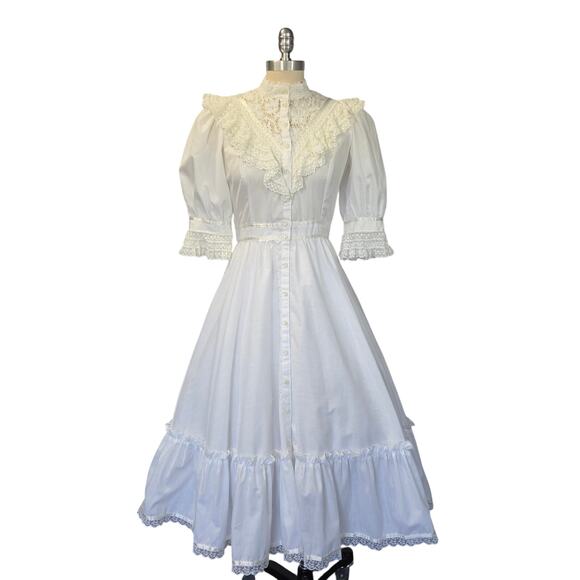 Gunne Sax Vintage 70s White Lace Midi Dress Size 11 M Edwardian Wedding Cotton - Picture 2 of 11